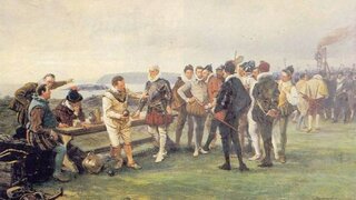 Słynna scena, której reprodukcje wisiały niegdyś w każdej mesie oficerskiej okrętów Royal Navy – Francis Drake nie przerywa gry w bule nawet po otrzymaniu wiadomości, że hiszpańska Wielka Armada wyruszyła ku brzegom Anglii