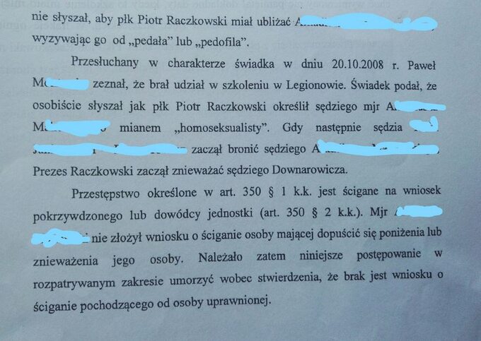 Fragmenty z uzasadnienia Okręgowej Prokuratury Wojskowej w Poznaniu ws umorzenia niektórych z postępowań dotyczących sędziego Piotra Raczkowskiego