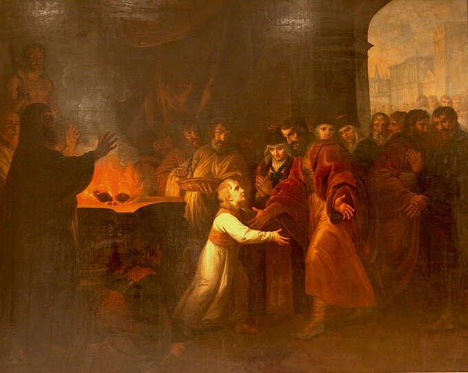 Józef Peszka: „Mieczysław I podczas postrzyżyn odzyskuje wzrok” (ok. 1810 r.), olej/płótno, 261×335 cm. Własność: Muzeum Narodowe w Warszawie.