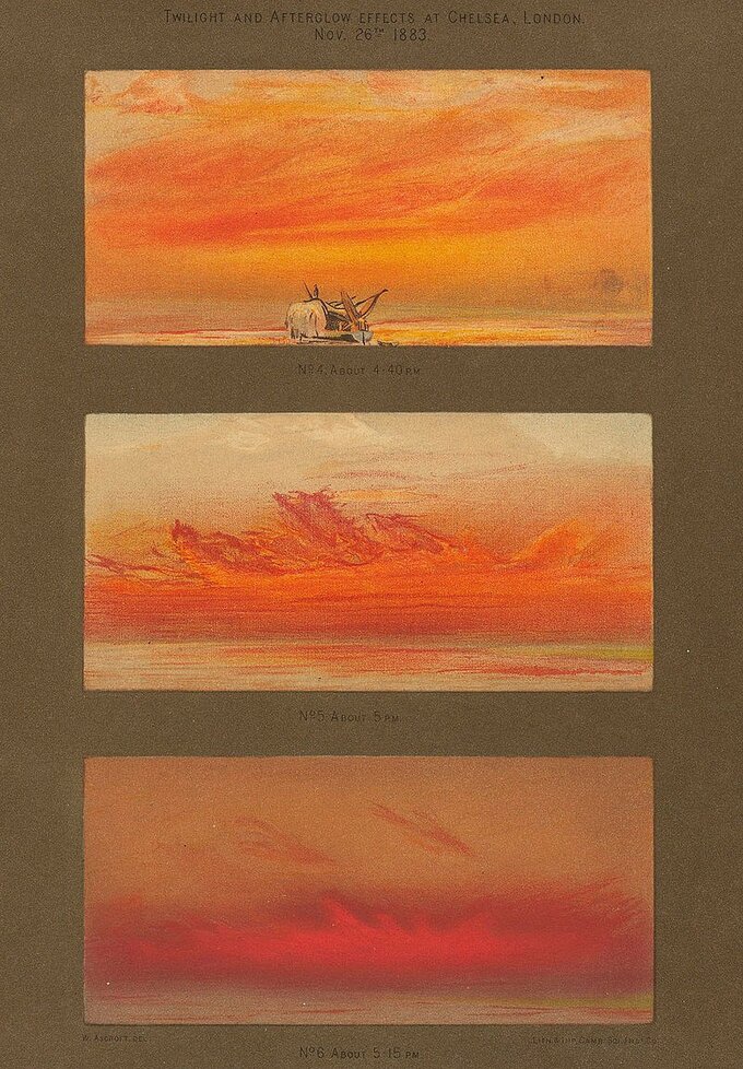 Wygląd nieba podczas zachodu słońca po erupcji wulkanu Krakatau. "Erupcja Krakatau i późniejsze zjawiska", red. George James Symonds, 1888 rok