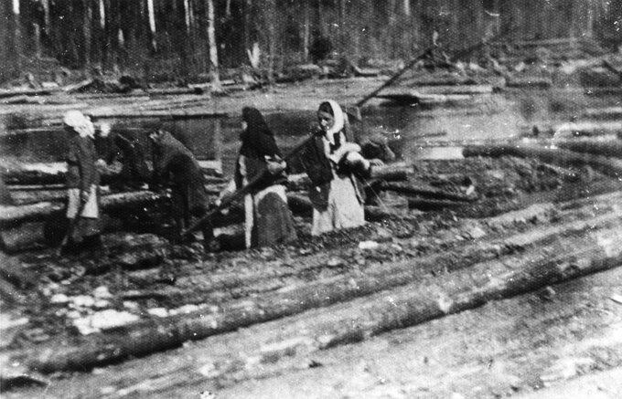 Grupa Polak&oacute;w deportowanych do&nbsp;ZSRS, podczas pracy przy spławianiu drewna na&nbsp;rzece Sisoła (Sysoła)