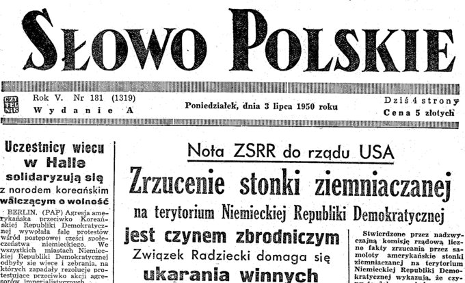 Tytuł we wrocławskim dzienniku "Słowo Polskie" z lipca 1950 r.