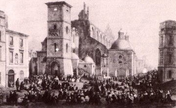 Nabożeństwo na&nbsp;gruzach kościoła Świętej Tr&oacute;jcy po&nbsp;pożarze Krakowa w&nbsp;1850 roku. Oryginał rysunku w&nbsp;zbiorach Biblioteki Jagiellońskiej