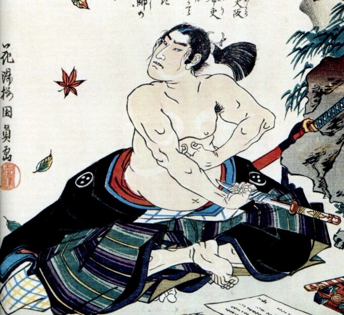 Japoński rysunek przedstawiający samuraja popełniającego harakiri, XIX wiek.