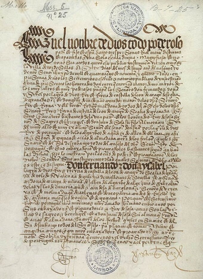Oryginał traktatu z&nbsp;Tordesillas (Biblioteka Narodowa w&nbsp;Lizbonie)