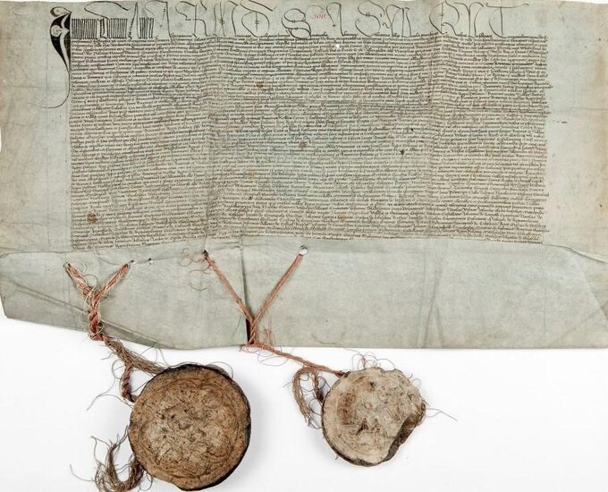 Unia w Horodle. Pierwszy z trzech aktów unii horodelskiej z przywieszonymi pieczęciami polskiego króla Jagiełły i litewskiego wielkiego księcia Witolda