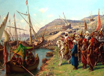 Fausto Zonaro, Przeciąganie okręt&oacute;w do&nbsp;Złotego Rogu podczas oblężenia Konstantynopola, 1453 rok