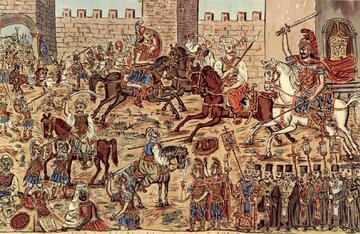 Zdobycie Konstantynopola przez Turk&oacute;w. Konstantyn XI jest przedstawiany jako szarżujący do&nbsp;bitwy na&nbsp;białym koniu. Mal. Theophilos Hatzimihail