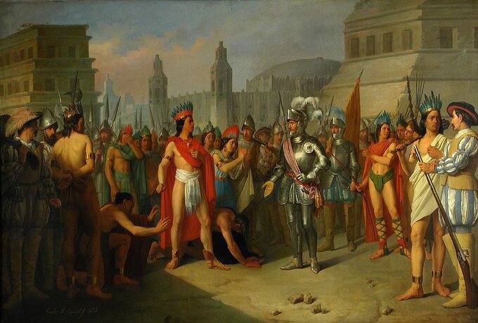 Cuauhtémoc i  Hernán Cortés na obrazie przedstawiającym moment upadku stolicy państwa Azteków - 13 sierpnia 1521 r. Autor: Carlos Esquivel y Rivas