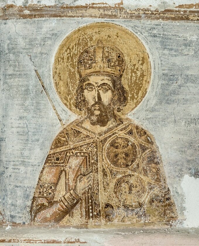 Konstantyn XI Paleolog -&nbsp;ostatni cesarz Bizancjum. Fresk odkryty w&nbsp;2024 roku w&nbsp;klasztorze na&nbsp;Peloponezie