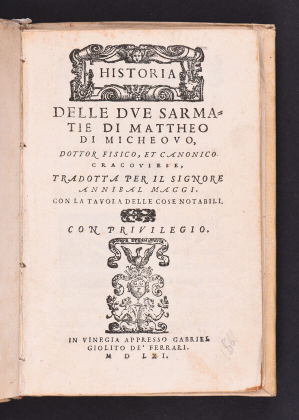 Karta tytułowa dzieła Macieja z Miechowa Historia delle due Sarmatie, Wenecja 1561 r., zbiory MHP 