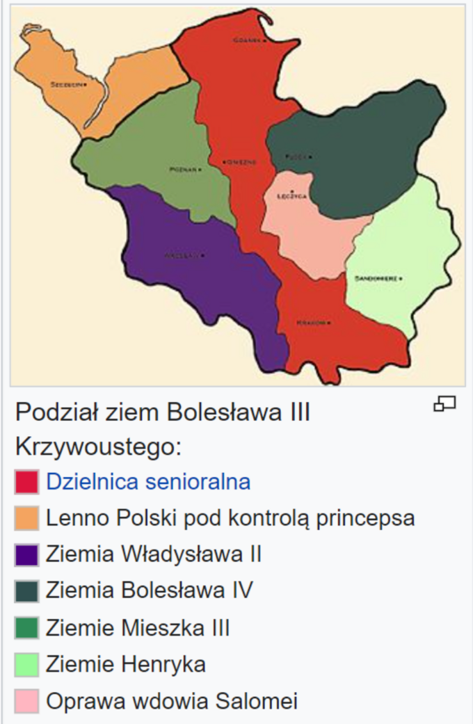 Podział ziem polskich zgodnie z testamentem pozostawionym przez Bolesława Krzywoustego - rozbicie dzielnicowe