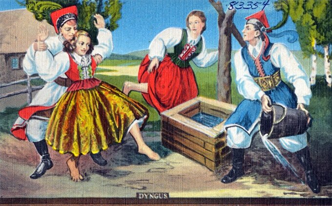 Śmigus-dyngus. Pocztówka, lat 30. XX wieku