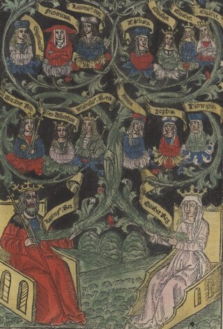 Elżbieta i&nbsp;Kazimierz oraz&nbsp;ich dzieci na&nbsp;drzeworycie ze&nbsp;Statutu Łaskiego