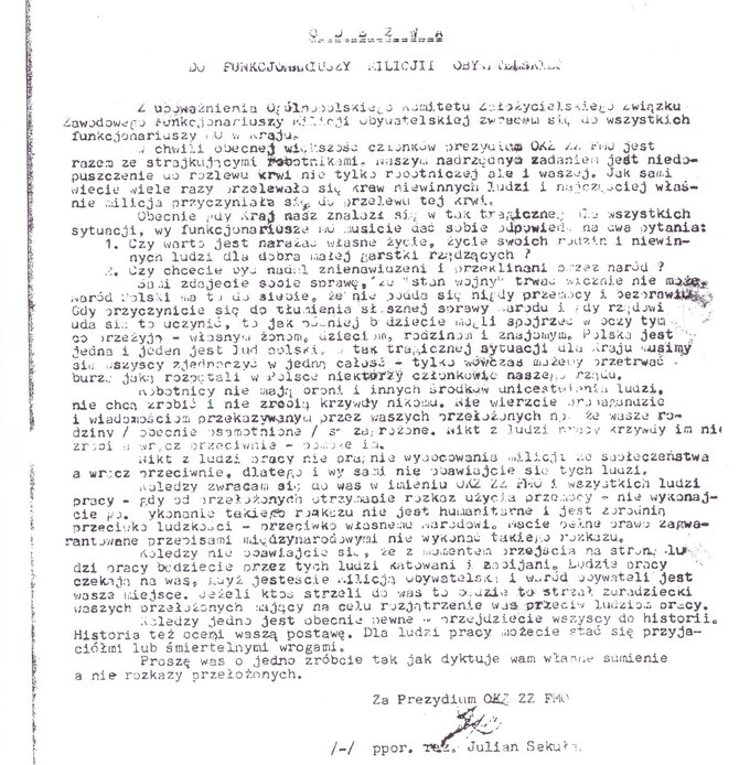 Skan odezwy Juliana Sekuły do&nbsp;sił oblegających Stocznię Szczecińską. Fot: Archiwum