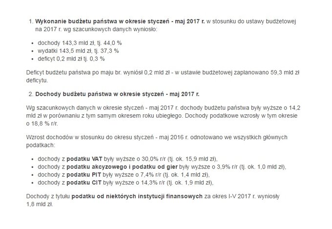 Fragment komunikatu MF ws. szacunkowego wykonania budżetu państwa w okresie styczeń - maj 2017 r.