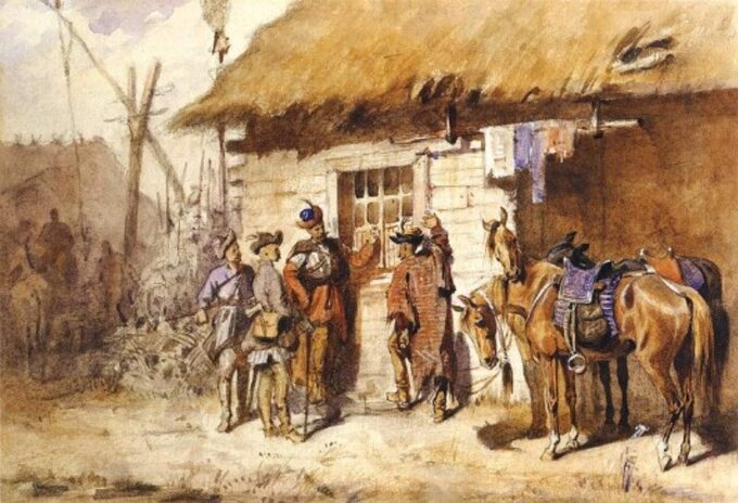 Lisowczycy przed gospodą. Autor: Józef Brandt