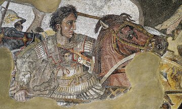 Aleksander Wielki podczas bitwy pod&nbsp;Issos (333 p.n.e.). Fragment tzw. mozaiki Aleksandra z&nbsp;Domu Fauna w&nbsp;Pompejach