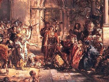 Jan Matejko &bdquo;Przyjęcie Żyd&oacute;w w&nbsp;Polsce" (fragment&nbsp;obrazu). Na&nbsp;tronie siedzi Władysław Herman. Za&nbsp;nim (brodaty mężczyzna) stoi Sieciech