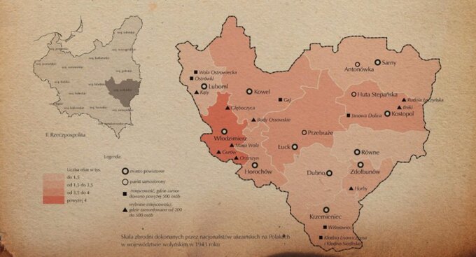 Mapa zbrodni dokonanych przez nacjonalistów ukraińskich na Polakach w województwie wołyńskim w 1943 roku (z wystawy gdańskiego oddziału IPN "Wołyń 1943"; autor: Agnieszka Gumińska, projekt graficzny: Bartłomiej Siwek)