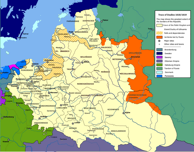 Rzeczpospolita po zawarciu rozejmu w Dywilinie, kolorem pomarańczowym zaznaczono terytoria oddane Rzeczypospolitej przez Carstwo Rosyjskie.