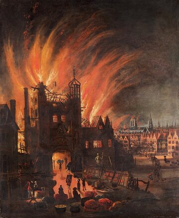 Wielki pożar Londynu, 1666 rok. Obraz z&nbsp;roku 1670