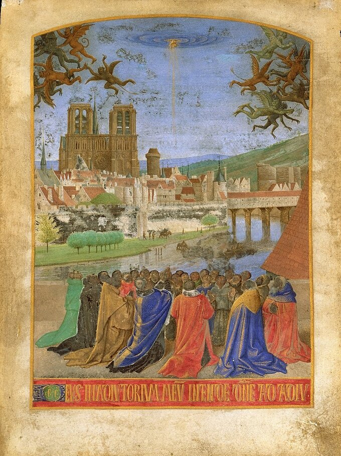 Notre-Dame na rycinie z 1450 roku. Mal. Jean Fouquet