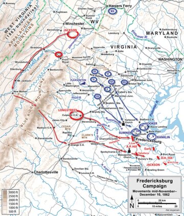 Wojna secesyjna. Mapa kampanii fredericksburskiej -&nbsp;stan do&nbsp;10 grudnia