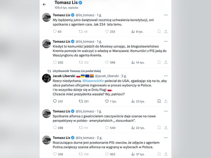 Wpisy Tomasz Lisa na&nbsp;portalu X o&nbsp;spotkaniu Karola Nawrockiego z&nbsp;Donaldem Trumpem