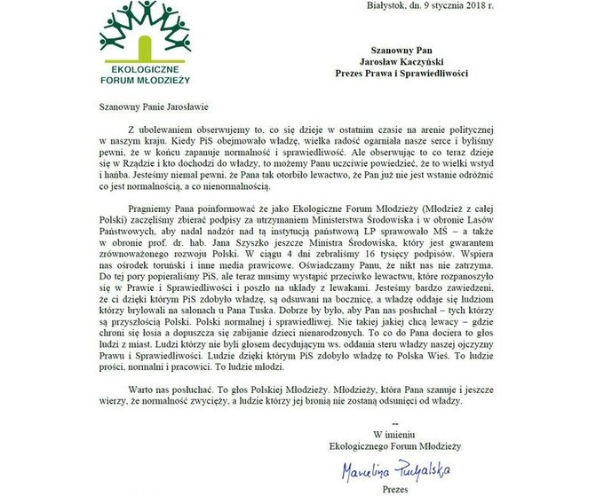 List Ekologicznego Forum Młodzieży