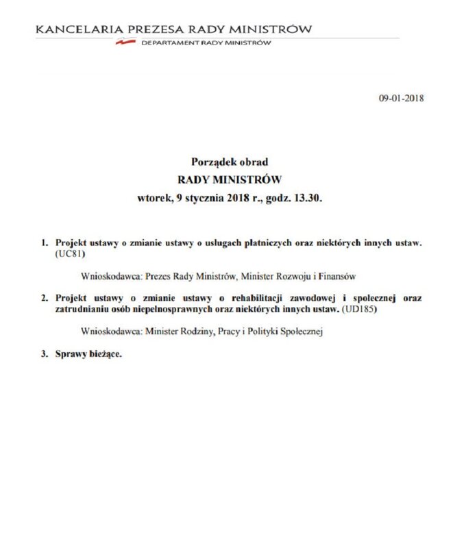 Porządek obrad Rady Ministr&oacute;w 9&nbsp;stycznia 2018&nbsp;r.