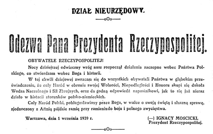 Odezwa Prezydenta RP po ataku Niemiec na Polskę