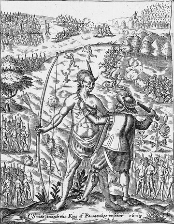 "John Smith bierze do&nbsp;niewoli kr&oacute;la Indian&rdquo;, fantazyjny obraz Opechancanougha z&nbsp;"General History of&nbsp;Virginia"