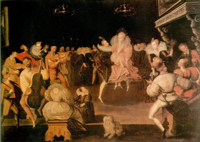 Obraz przedstawiający tańczącą Elżbietę I Tudor z Robertem Dudleyem