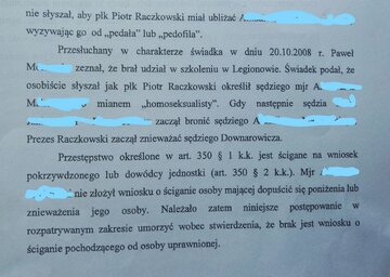 Fragmenty z&nbsp;uzasadnienia Okręgowej Prokuratury Wojskowej w&nbsp;Poznaniu ws umorzenia niekt&oacute;rych z&nbsp;postępowań dotyczących sędziego Piotra Raczkowskiego