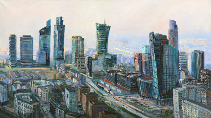 Warszawa, widok ze Złotej 44, zachód 90x160cm , 2021; Wystawa malarstwa Łukasza Zedlewskiego