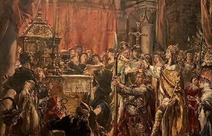 Jan Matejko, „Koronacja pierwszego króla R.P. 1001”, (1889 rok), z cyklu „Dzieje cywilizacji w Polsce”, olej/deska dębowa; wymiary: 79 x 105 cm, wł. Muzeum Narodowe w Warszawie, na ekspozycji Zamek Królewski w Warszawie. Fragment obrazu