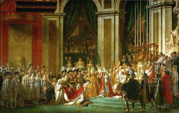 Uroczystość koronacji Napoleona. Na&nbsp;obrazie ukazany Bonaparte koronujący J&oacute;zefinę na&nbsp;cesarzową, mal. Jacques-Louis David