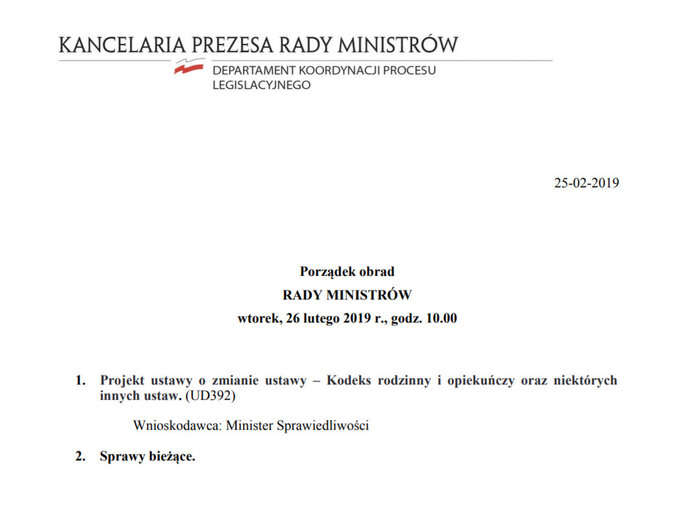 Porządek obrad Rady Ministr&oacute;w 26.02.2019