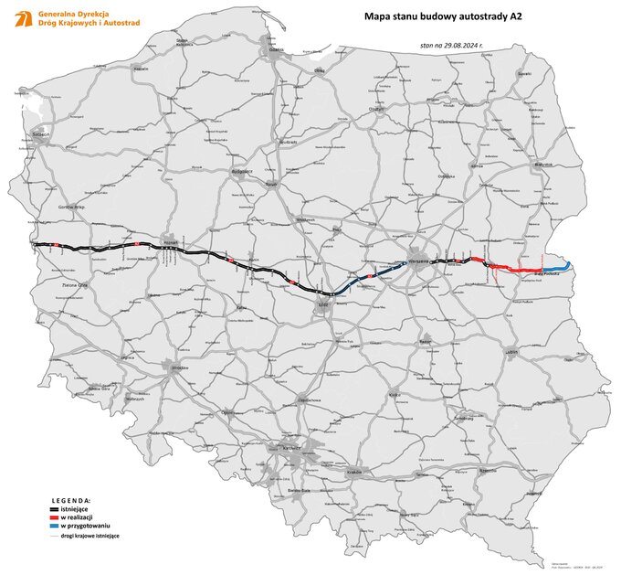 Budowa autostrady A2, stan na 29 sierpnia 2024 r.