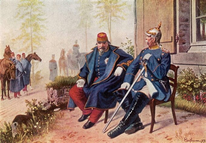 Jeniec wojenny Napoleon III w rozmowie z Bismarckiem po bitwie pod Sedanem