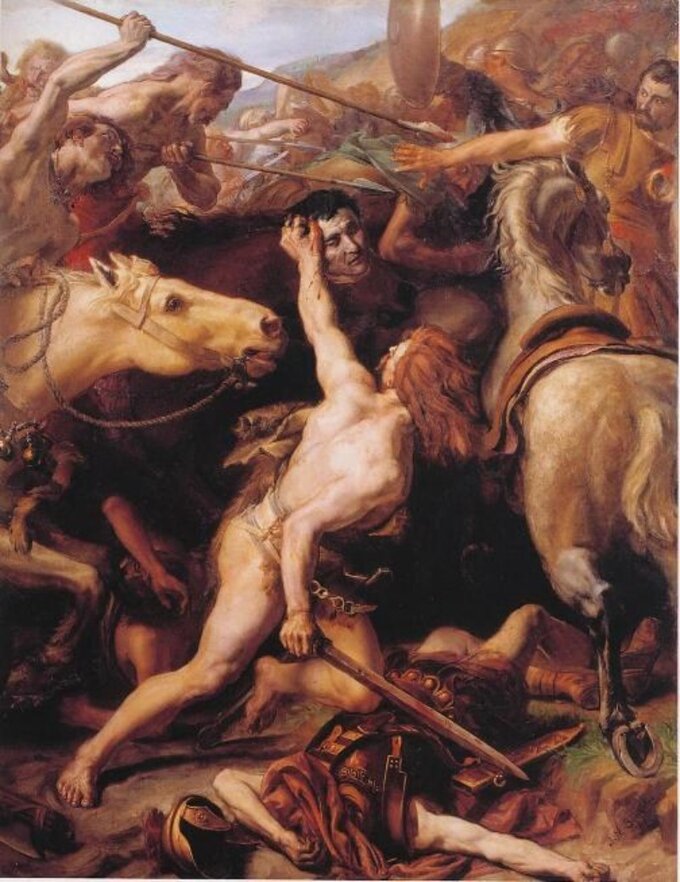 Bitwa nad Jeziorem Trazymeńskim. Śmierć konsula Flaminiusza (mal. Joseph-No&euml;l Sylvestre, 1882)
