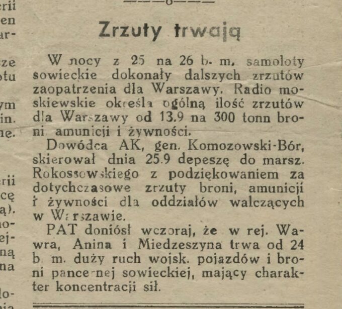 Fragment "Biuletynu Informacyjnego" z 26 września 1944 roku.