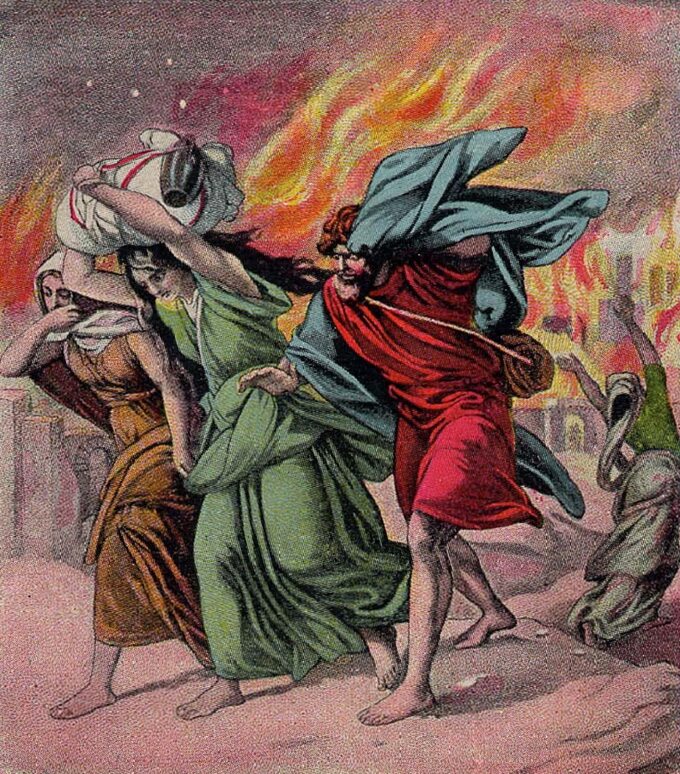 Lot ucieka wraz z córkami z Sodomy. Rysunek Providence Lithograph Company z 1908 r.