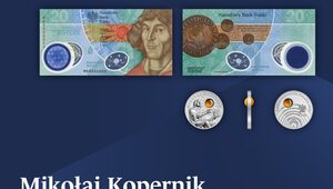 Mikołaj Kopernik na banknocie kolekcjonerskim NBP oraz srebrnej monecie...