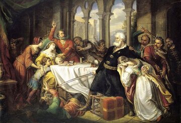 Felicjan Zach atakuje kr&oacute;la Karola Roberta i&nbsp;jego żonę Elżbietę Łokietk&oacute;wnę, mal. Orlai Petrics Soma