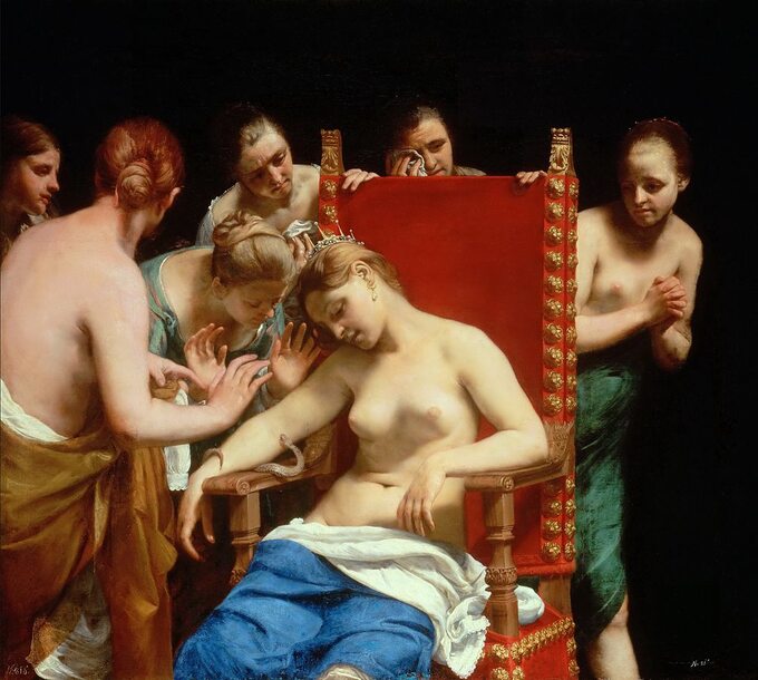 Śmierć Kleopatry. Autor obrazu: Guido Cagnacci. XVII wiek.