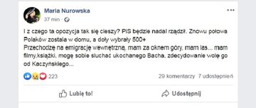 Wpis Marii Nurowskiej na&nbsp;Facebooku