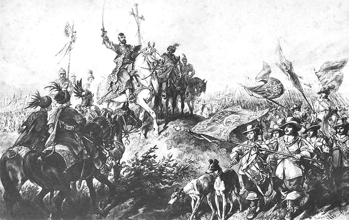 Wymarsz oddziałów Jeremiego Wiśniowieckiego z Łubniów w 1648 roku, rys. Juliusz Kossak