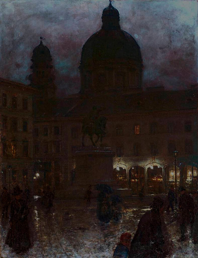 Aleksander Gierymski, Plac Wittelsbachów w Monachium w nocy, 1890 rok, olej/płótno; wymiary: 67 x 52 cm, Muzeum Narodowe w Warszawie.